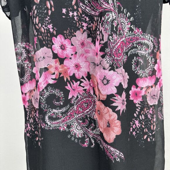 Chaudry KC Top Womens Small Black Sheer Pleated Loose Flowy Tropical Floral NEW - Picture 11 of 13